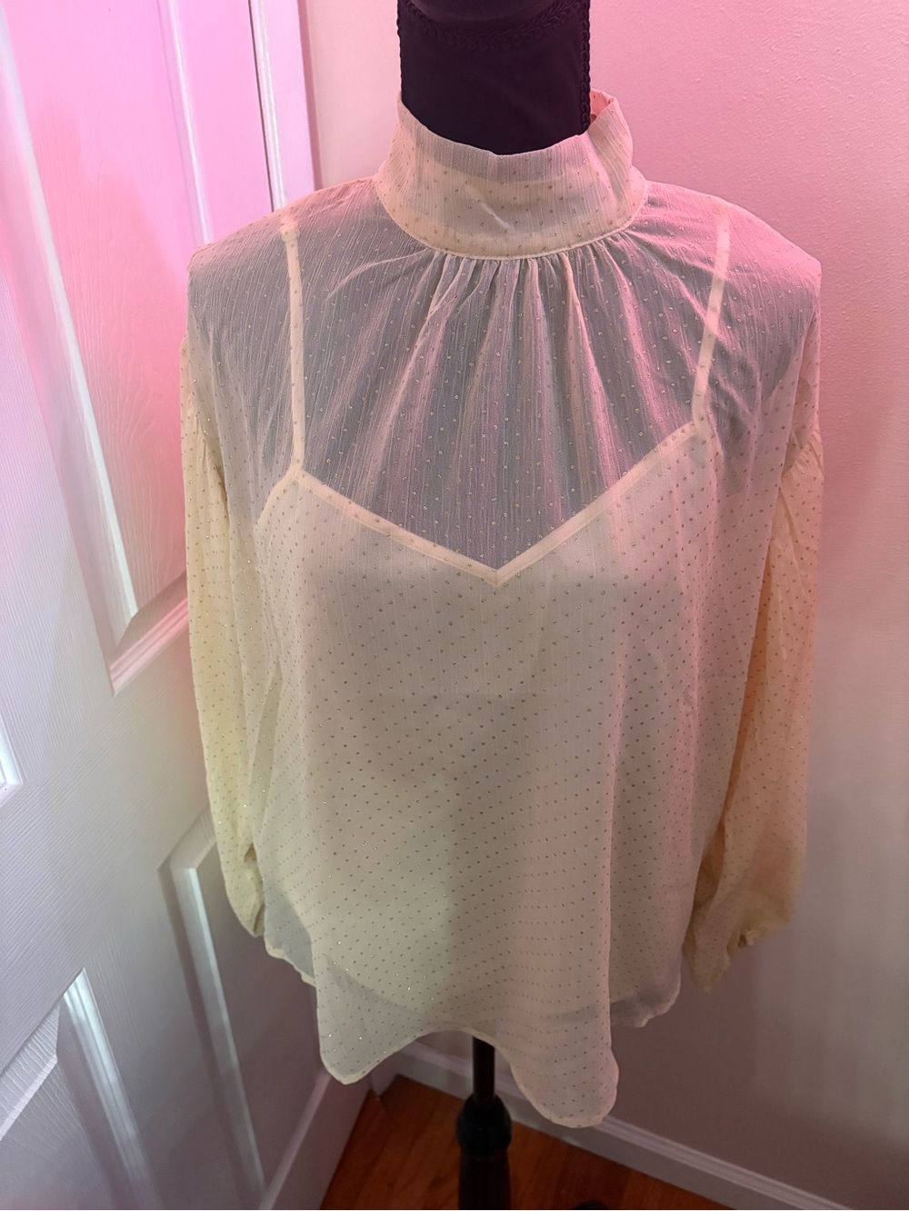 Sanctuary Cream Sheer Dot High-Neck Blouse